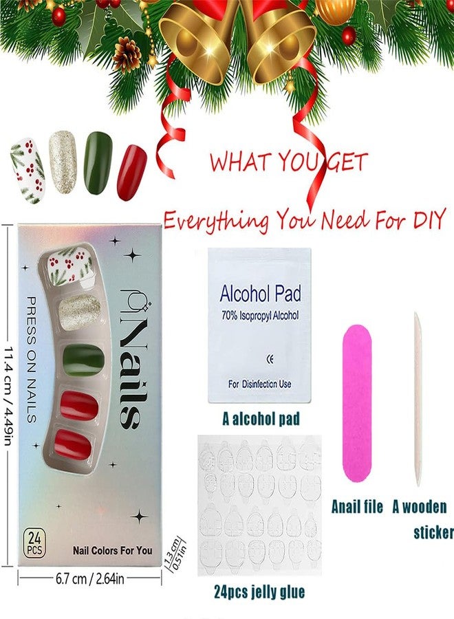 HJKDSFD Winter Press on Nails Short Christmas Fake Nails Red Green Oval Glue on Christmas Fruit False With Glitter Designs Glossy Acrylic Xmas Cute Glue Stick for Women 24Pcs - Image 5